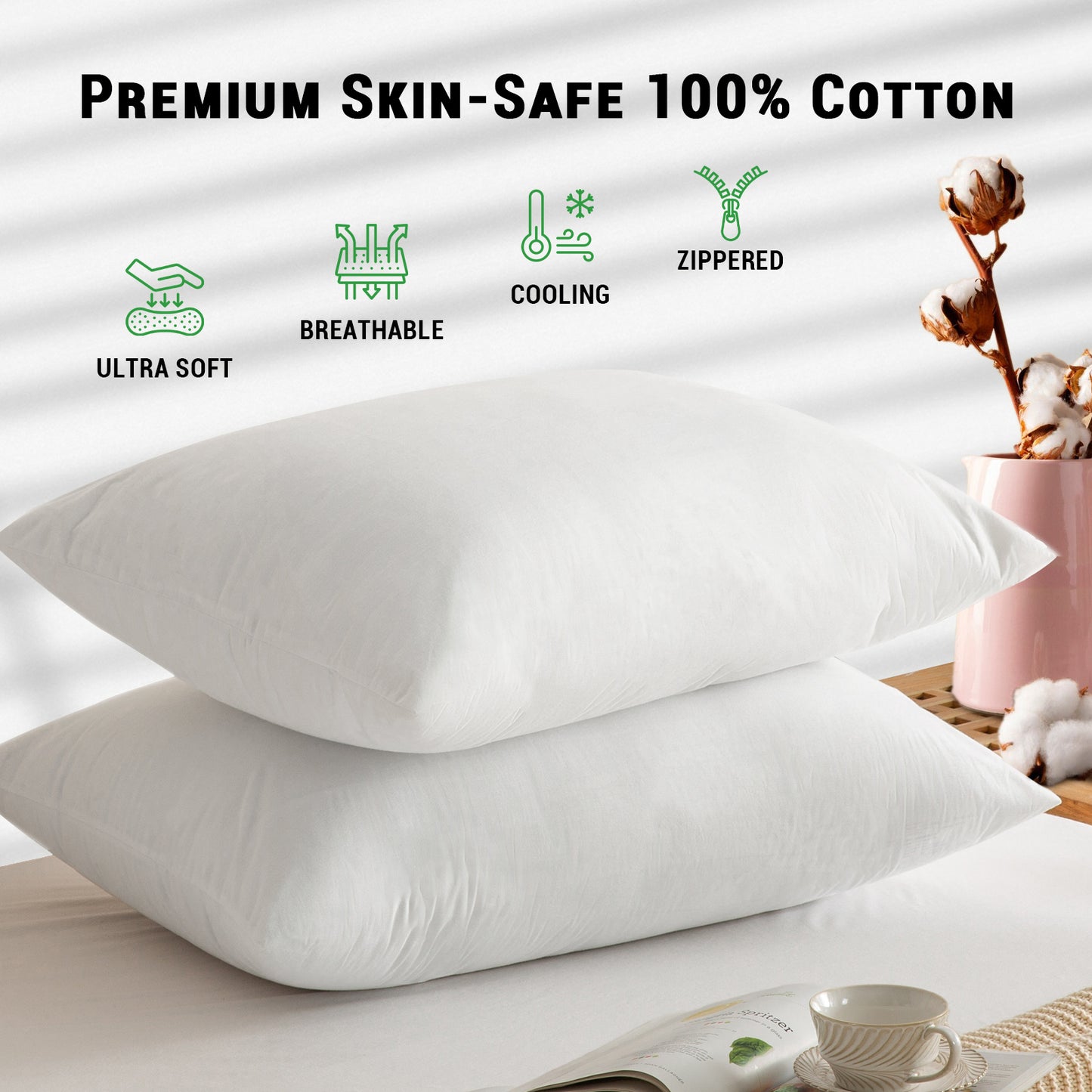 GOGREEN Cotton Waterproof Pillow Protector, Breathable Pillow Cover, Cooling Pillow Case Protector with Zipper, Super Soft Pillow Case Cover with Zipper (2 Packs, White)