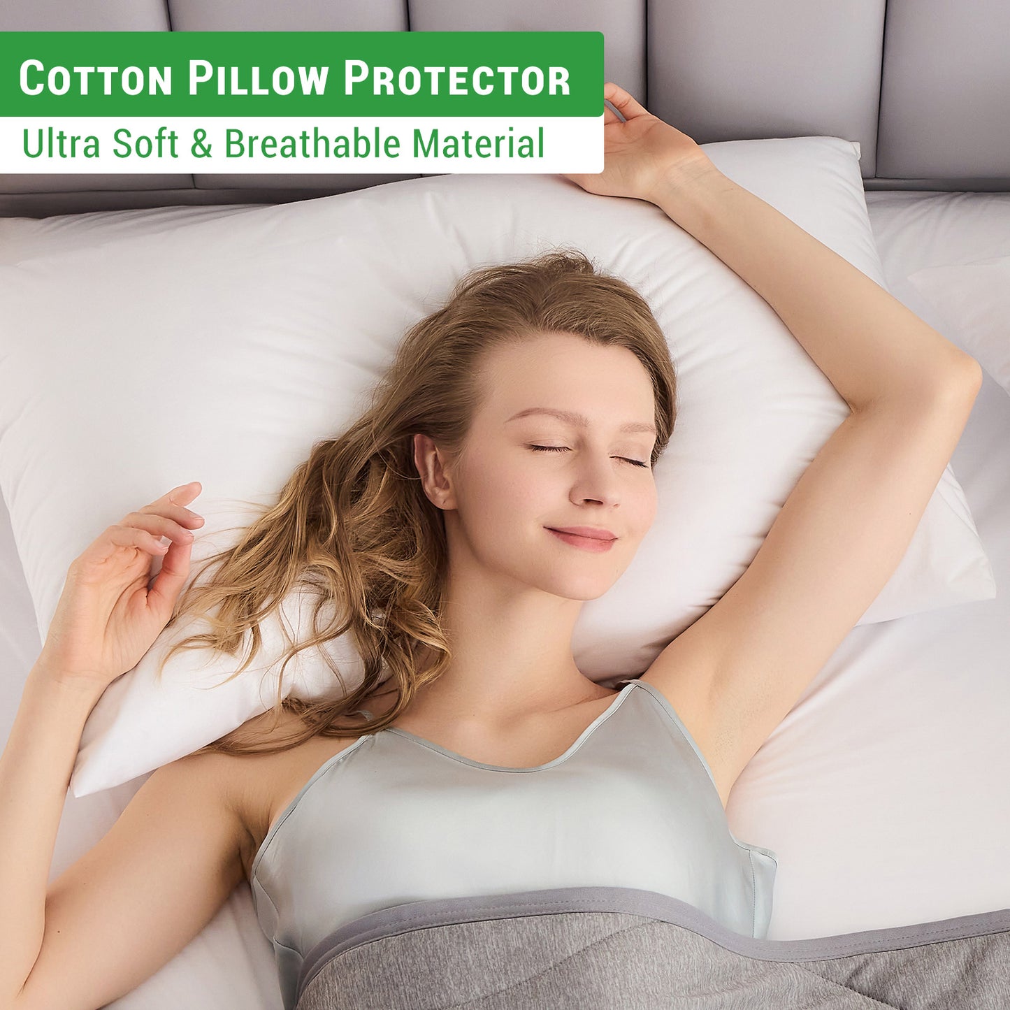 GOGREEN Cotton Waterproof Pillow Protector, Breathable Pillow Cover, Cooling Pillow Case Protector with Zipper, Super Soft Pillow Case Cover with Zipper (2 Packs, White)