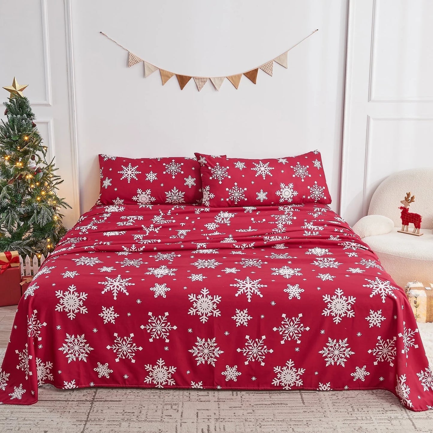 Gogreen 2025 Christmas 4 Pieces Printed Sheet Set Deep Pocket Fit 16", Breathable Microfiber Super Soft Sheet Set Cooling Sheets