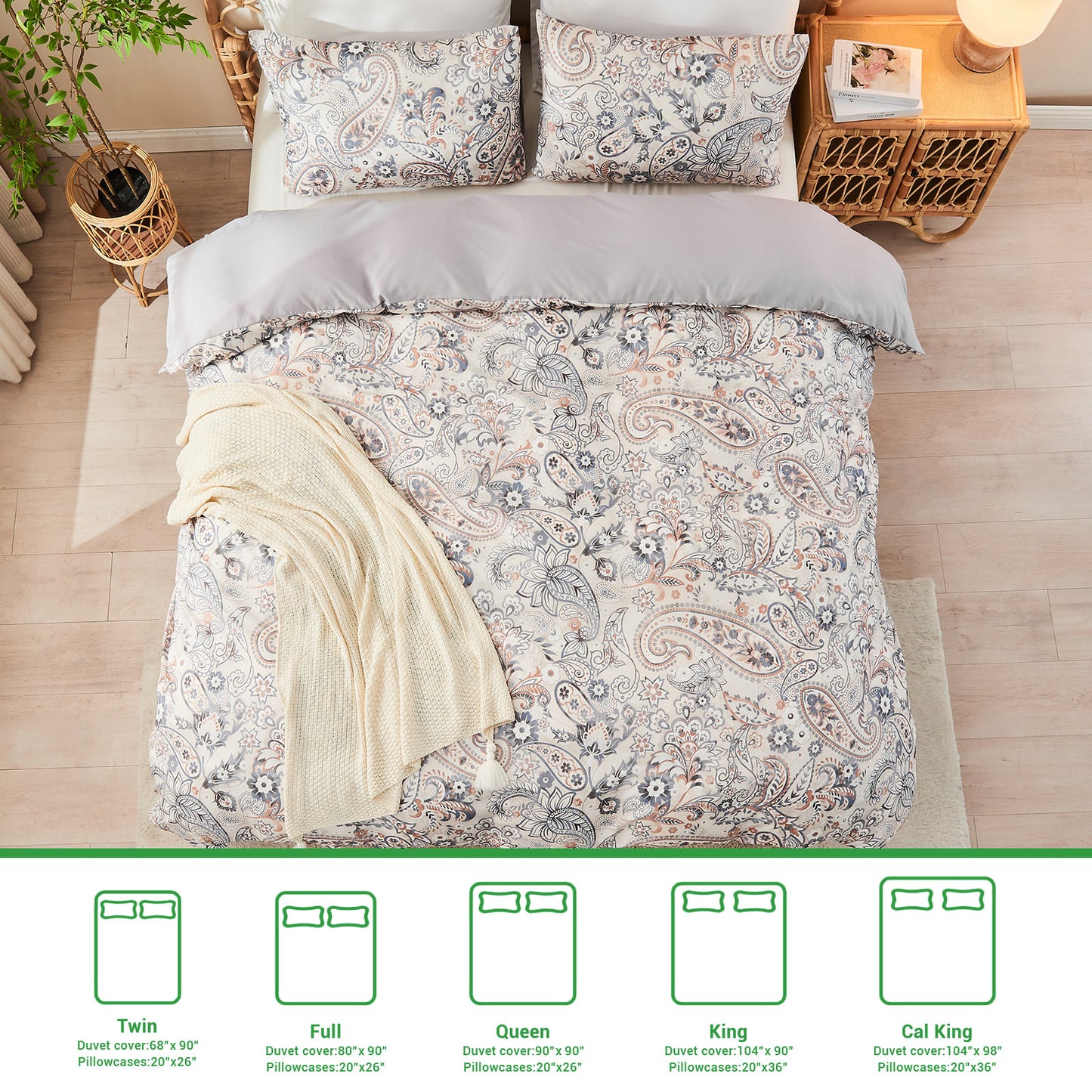 Gogreen Luxury Queen Duvet Cover Floral, Soft & Breathable Microfiber 3 Pieces Queen Bedding Sets, Pattern Queen Comfy Duvet Cover, with Zipper Closure