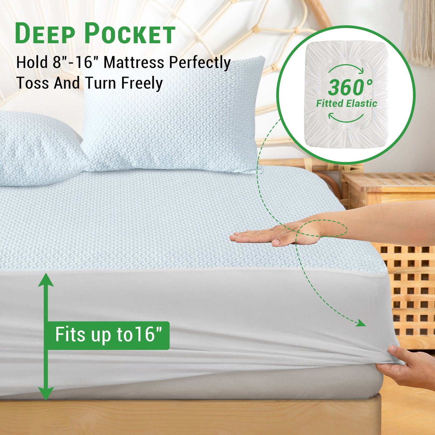 Gogreen Cooling 3D Air Fiber Waterproof Mattress Protectors, Stretchable Mattress Protector Fit up to 16", Super soft Mattress Cover 3D Air Fabric Mattress Protector, Breathable Bed Cover White