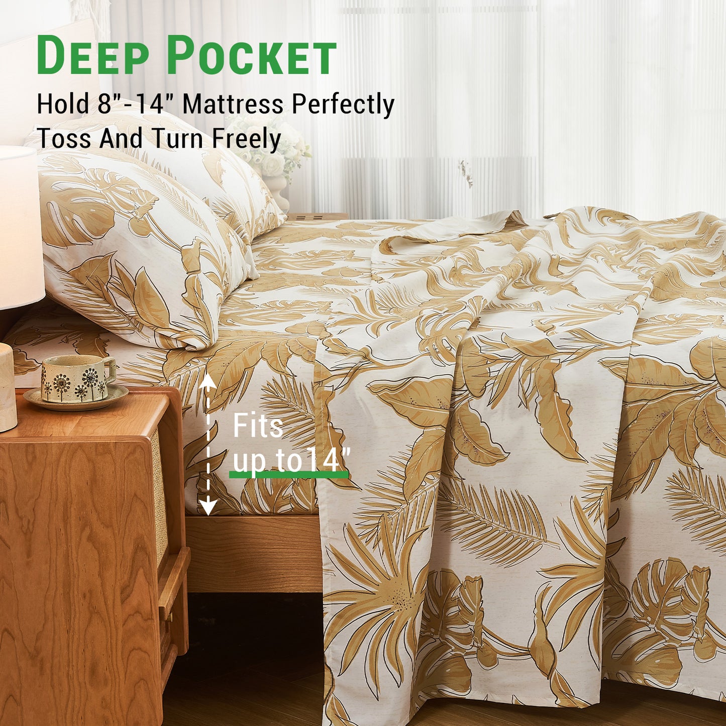 Gogreen 4PC Sheet Set Deep Pocket Fit 14", Breathable Microfiber Super Soft Sheet Set Cooling Sheets, Luxury Hotel Style Home Decor Bed Sheet Set, Gift for Women, Men (Yellow Leaf)