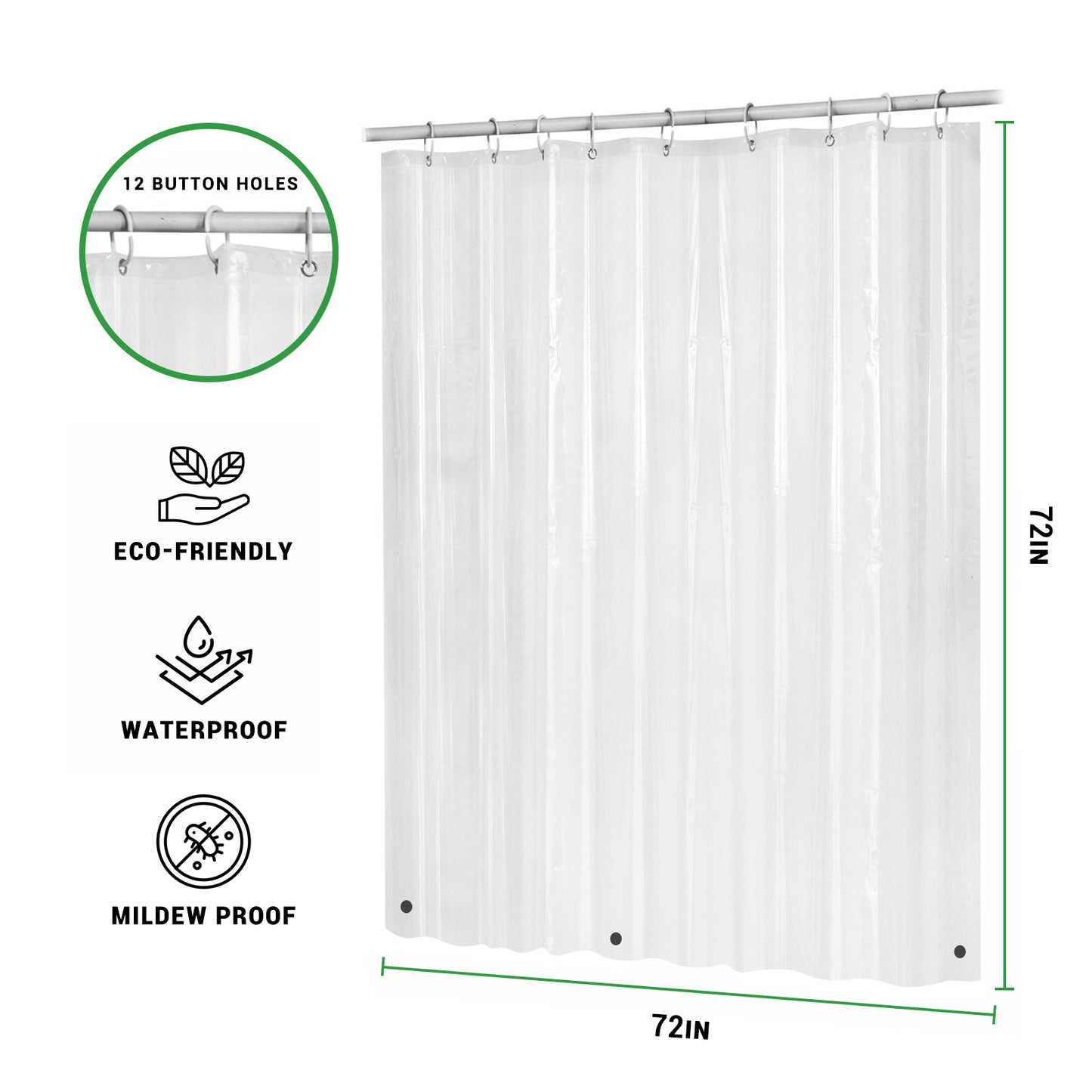 Gogreen Bathroom Shower Curtain - Waterproof Plastic Shower Curtain Premium PEVA Non-Toxic with Rust Proof Grommets Clear 8G Heavy Duty Bathroom Accessories (72x72)