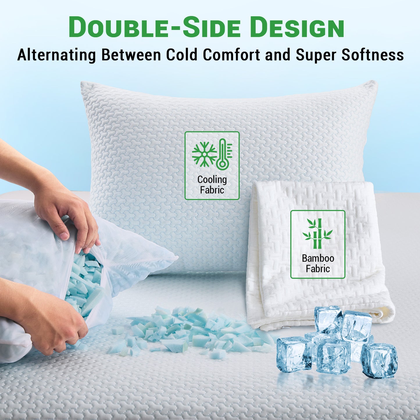 GOGREEN Cooling Shredded Memory Foam Bed Pillows, Adjustable Pillow with Washable Removable Cover for Side Back Stomach Sleepers (2 pack)