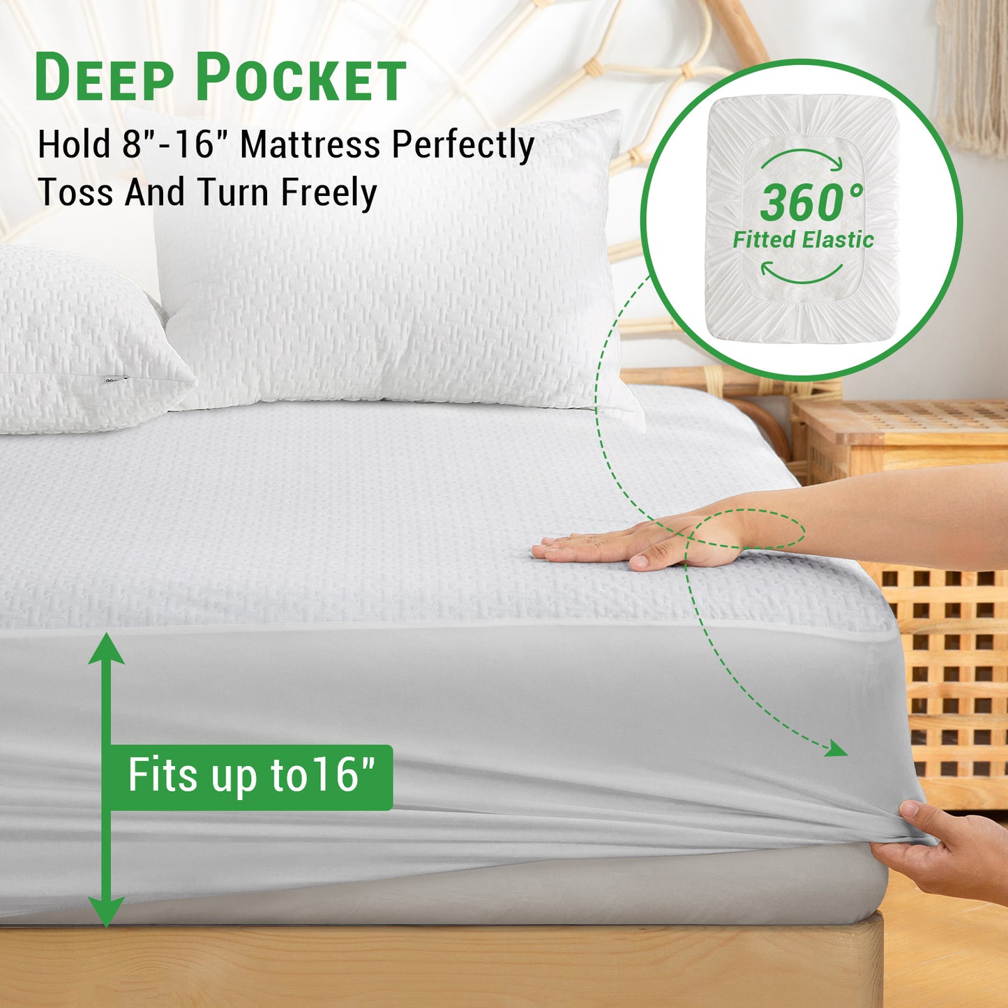 GOGREEN Bamboo 3D Air Fiber Waterproof Mattress Protector, Stretchable Mattress Protector Fit up to 16", Super Soft Mattress Cover Bed Cooling 3D Air Mattress Protector, Breathable Bed Cover White