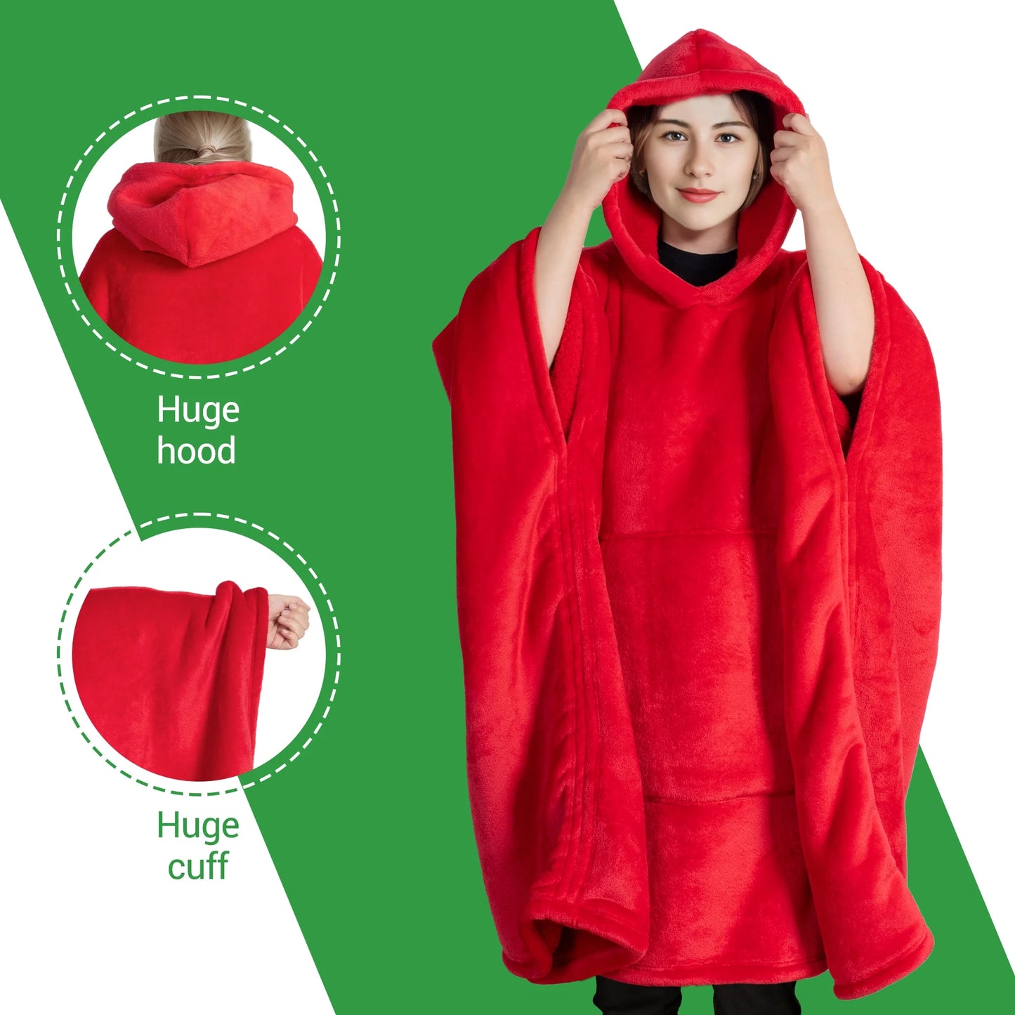 GOGREEN Original | Oversized Wearable Blanket Hoodie, Thick Sherpa Fleece Sweatshirt Hooded Blanket with Giant Hood Kangroo Pocket for Adults Women Men, One Size Fits All