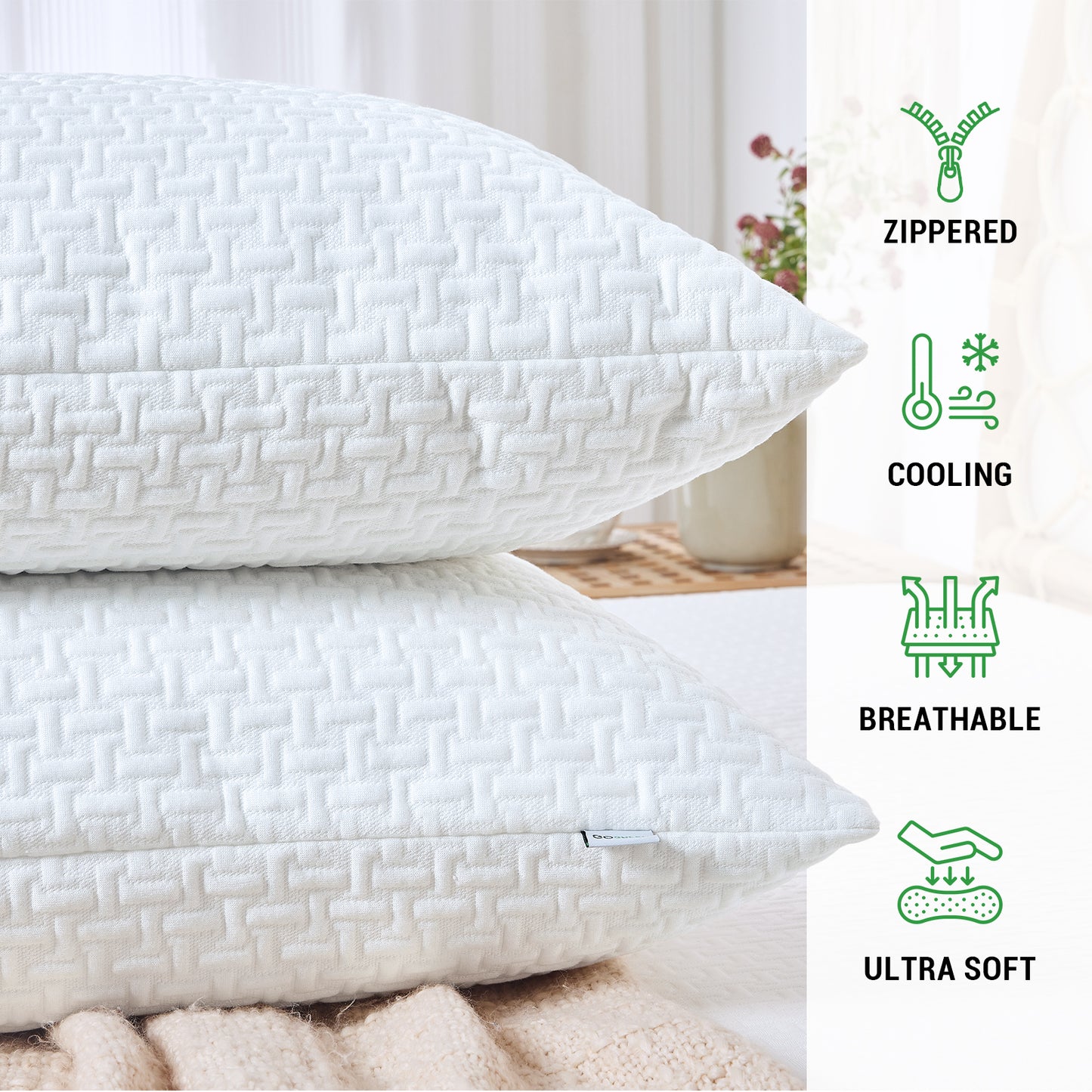 GOGREEN Bamboo Waterproof Pillow Protector, Breathable Pillow Cover, 3D Air Fabric Cooling Pillow Case Protector with Zipper (2 Packs, White)