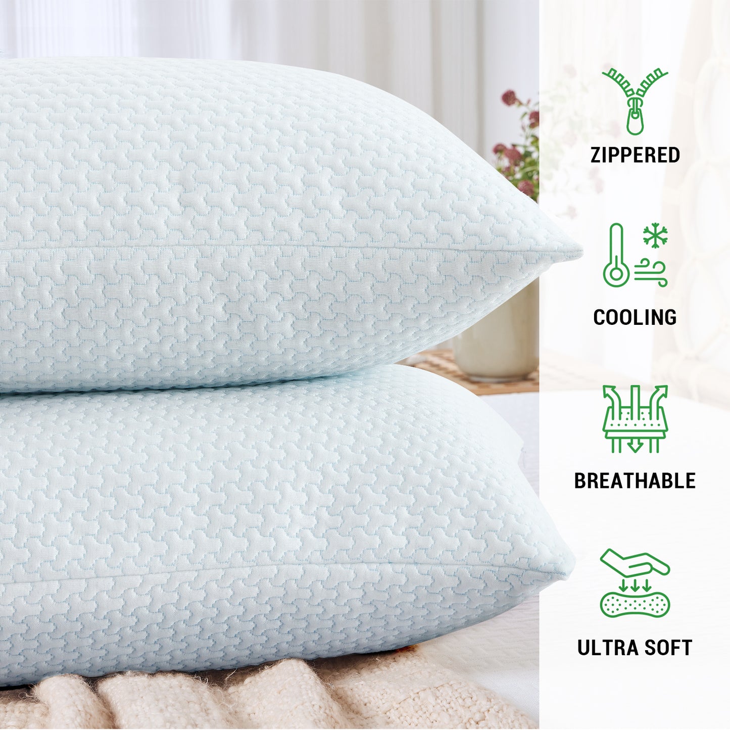 GOGREEN Cooling 3D Air Fiber Waterproof Pillow Protector, Breathable Pillow Cover, 3D Air Fabric Cooling Pillow Case Protector with Zipper (2 Packs, White)