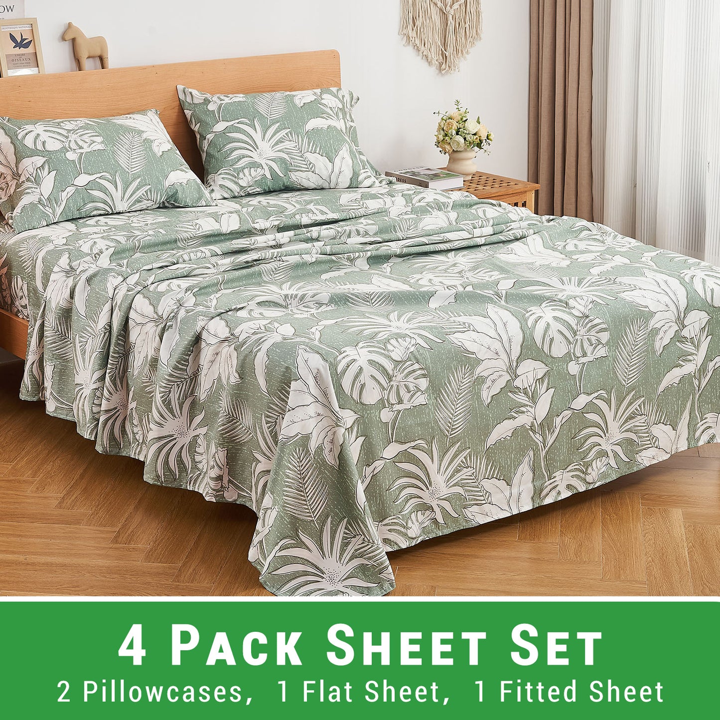 Gogreen 4 Pieces Printed Sheet Set Deep Pocket Fit 14", Breathable Microfiber Super Soft Sheet Set Cooling Sheets, Luxury Hotel Style Home Decor Bed Sheet Set, Gift for Women, Men