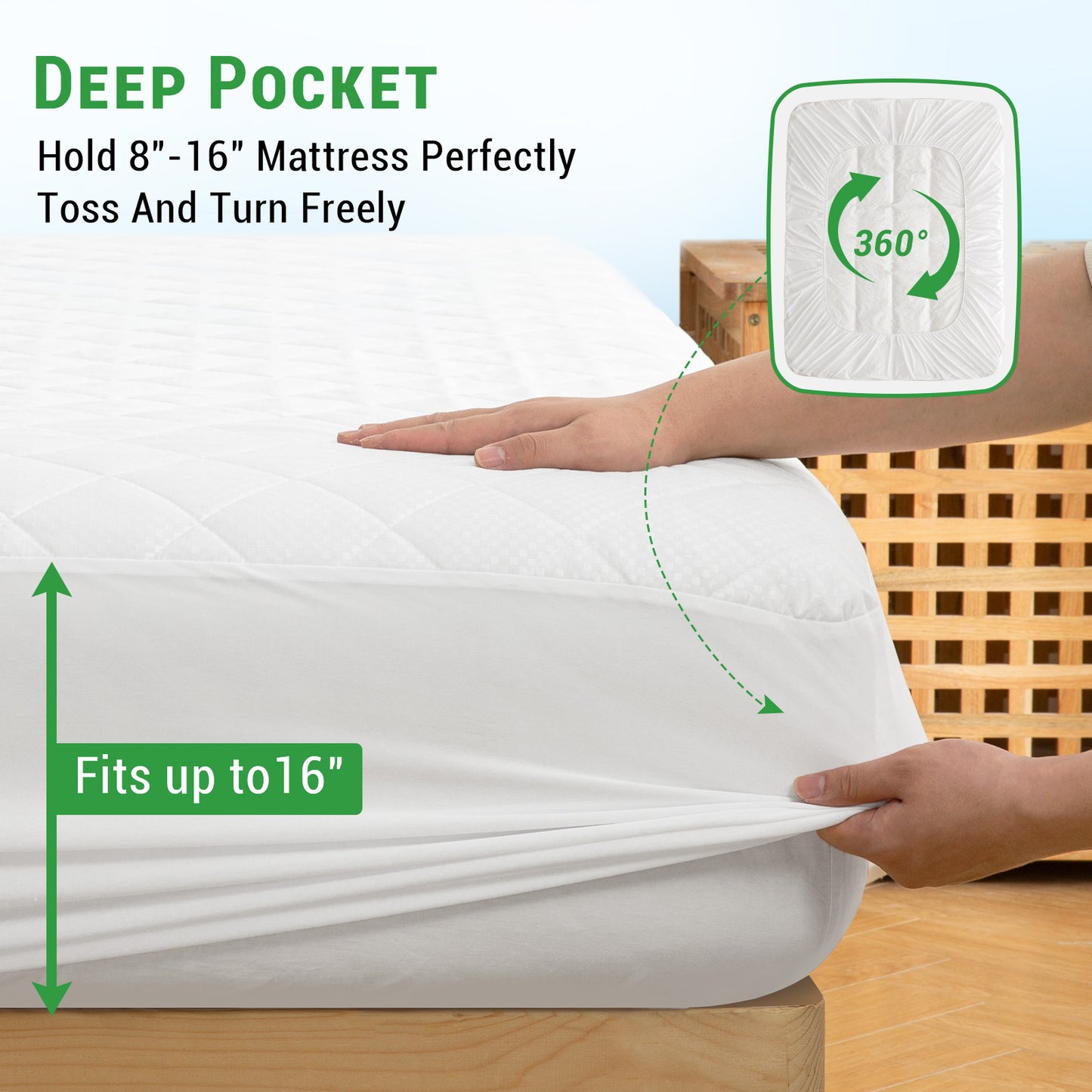 Gogreen Waterproof Mattress Protector, Stretchable Mattress Pad Fit up to 16", Super Soft Mattress Cover Bed Cooling Mattress Protector, Quilted Breathable Bed Cover