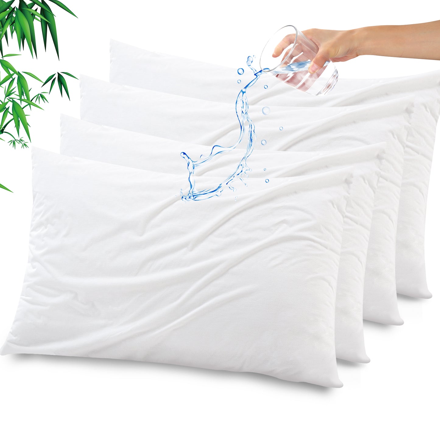 GOGREEN Bamboo Waterproof Pillow Protector, Breathable Pillow Cover, Cooling Pillow Case Protector with Zipper, Super Soft Pillow Case Cover with Zipper (Pack of 4)