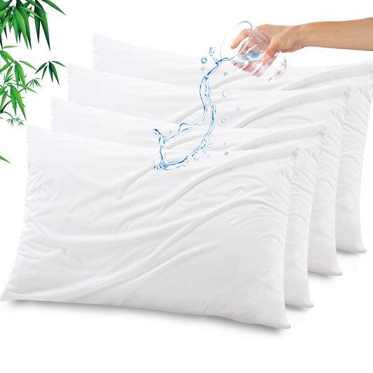 GOGREEN Bamboo Waterproof Pillow Protector, Breathable Pillow Cover, Cooling Pillow Case Protector with Zipper, Super Soft Pillow Case Cover with Zipper (Pack of 4)