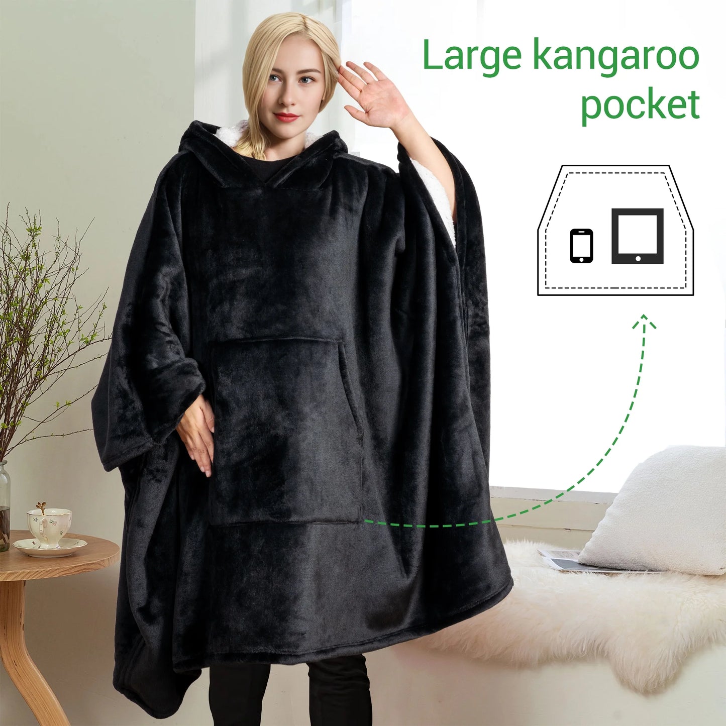 GOGREEN Original | Oversized Wearable Blanket Hoodie, Thick Sherpa Fleece Sweatshirt Hooded Blanket with Giant Hood Kangroo Pocket for Adults Women Men, One Size Fits All