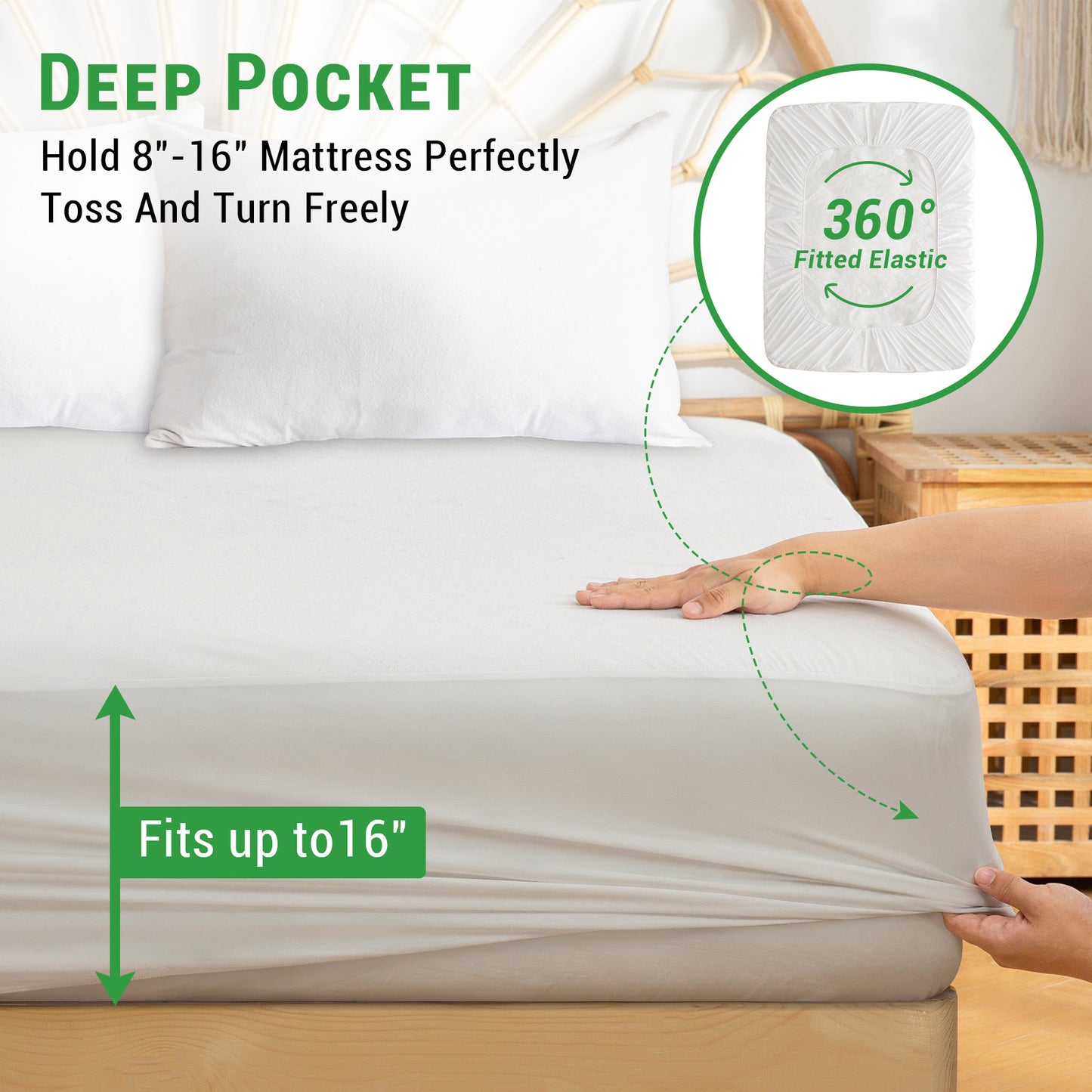 Gogreen Waterproof Mattress Protector, Breathable Cooling Bed Mattress Cover with Deep Pocket Plastic Mattress Protector Fitted 6"-14" - Bamboo Jersey