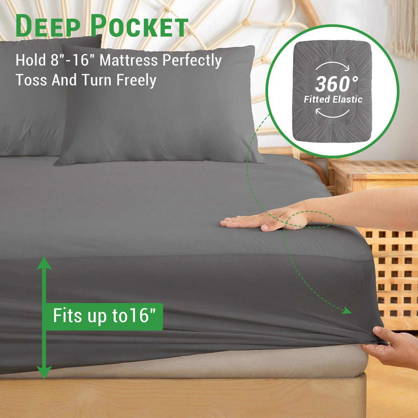 Gogreen Waterproof Mattress Protector, Breathable Cooling Bed Mattress Cover with Deep Pocket Plastic Mattress Protector Fitted 6"-14" - Bamboo Jersey - Dark Gray