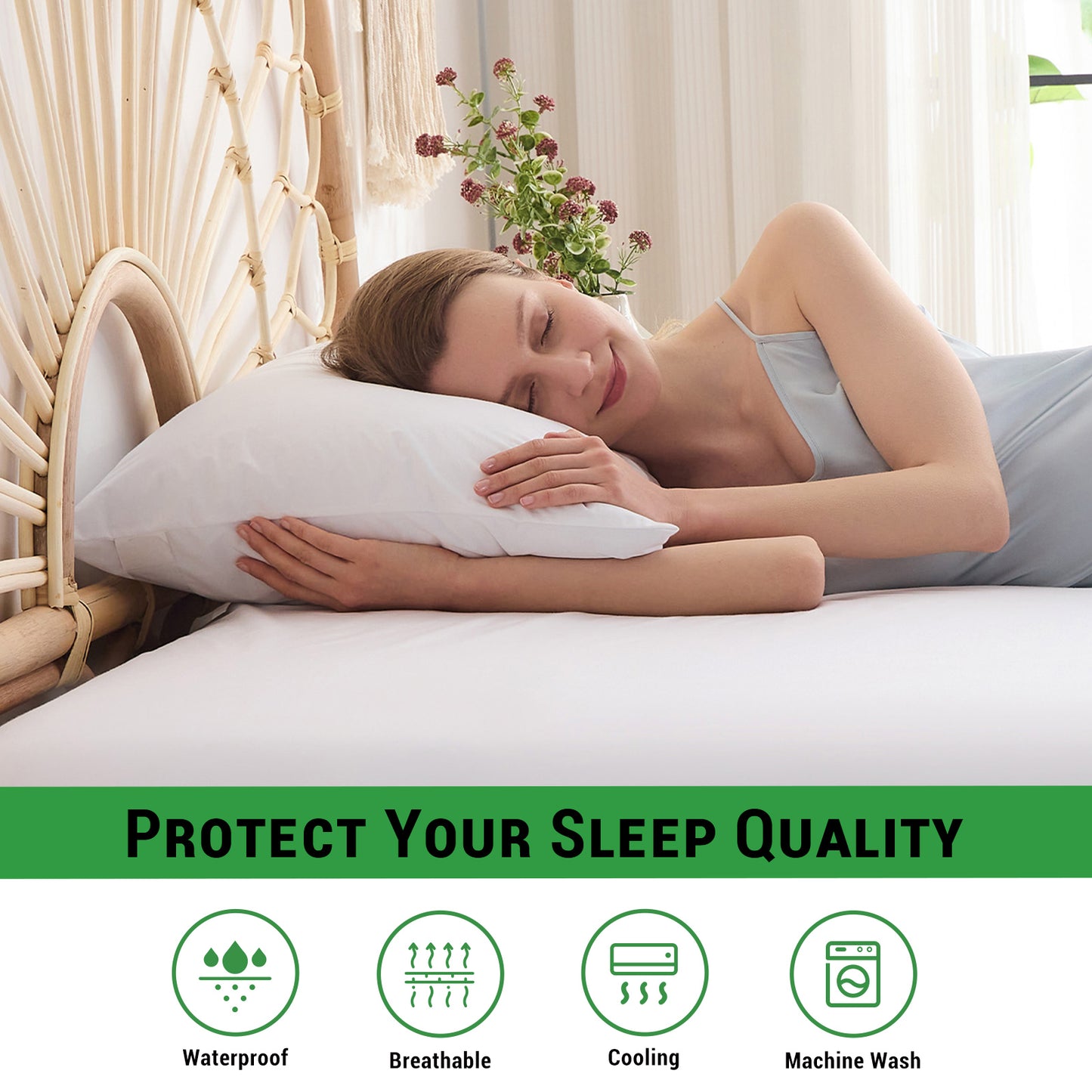 GOGREEN Bamboo Cotton Waterproof Pillow Protector, Breathable Pillow Cover, Cooling Pillow Case Protector with Zipper, Super Soft Pillow Case Cover with Zipper (2 Packs, White)