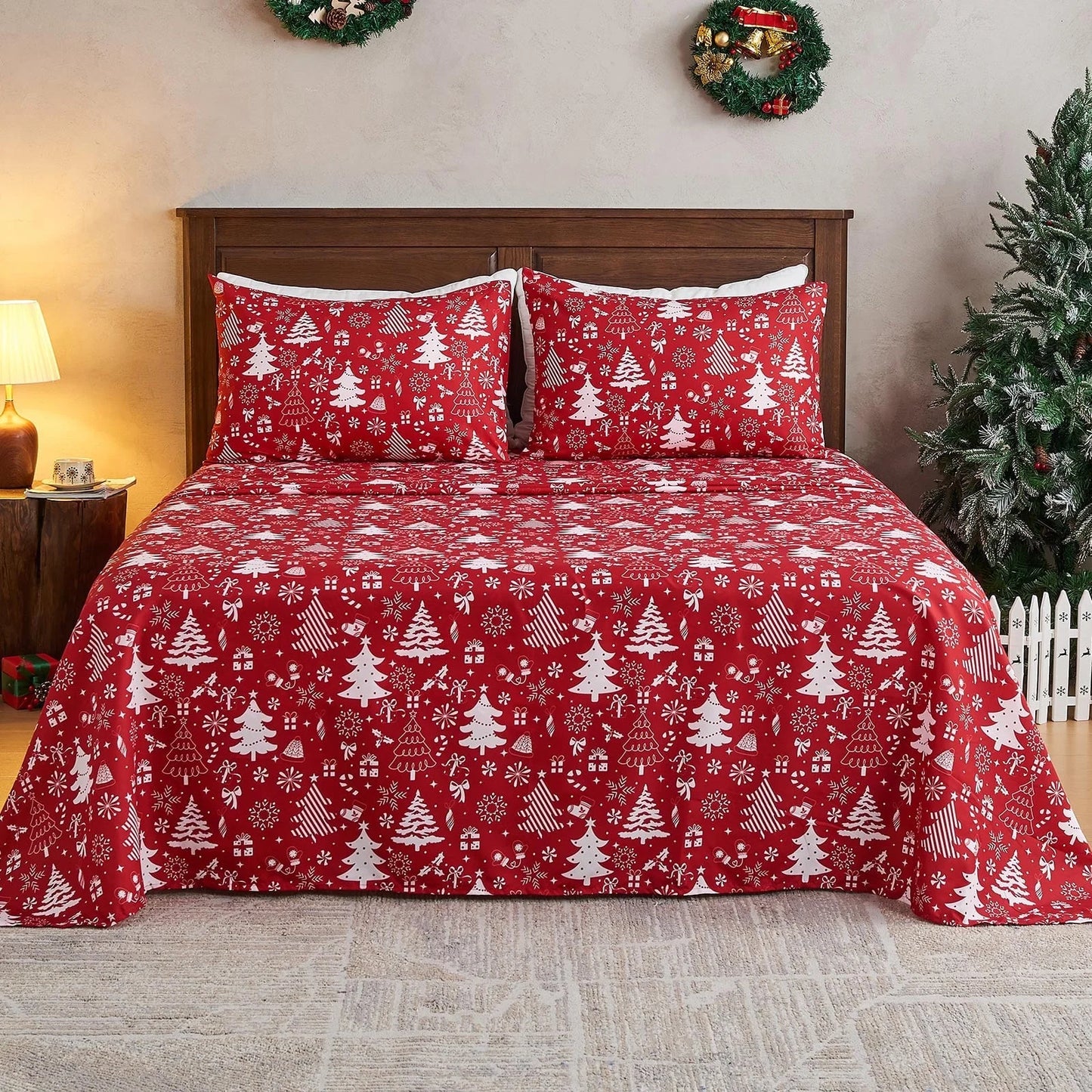 Gogreen 2025 Christmas 4 Pieces Printed Sheet Set Deep Pocket Fit 16", Breathable Microfiber Super Soft Sheet Set Cooling Sheets