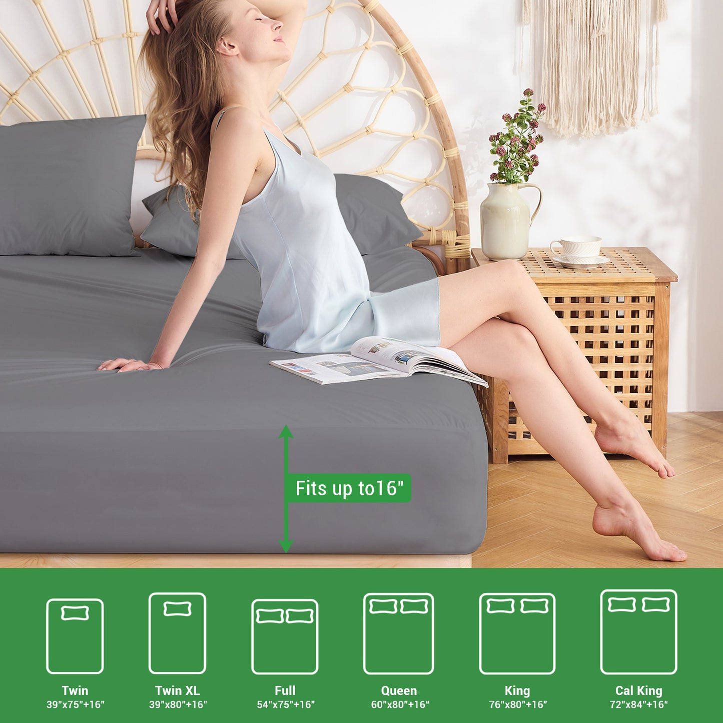Gogreen Waterproof Mattress Protector, Breathable Cooling Bed Mattress Cover with Deep Pocket Plastic Mattress Protector Fitted 6"-14" - Bamboo Jersey - Dark Gray