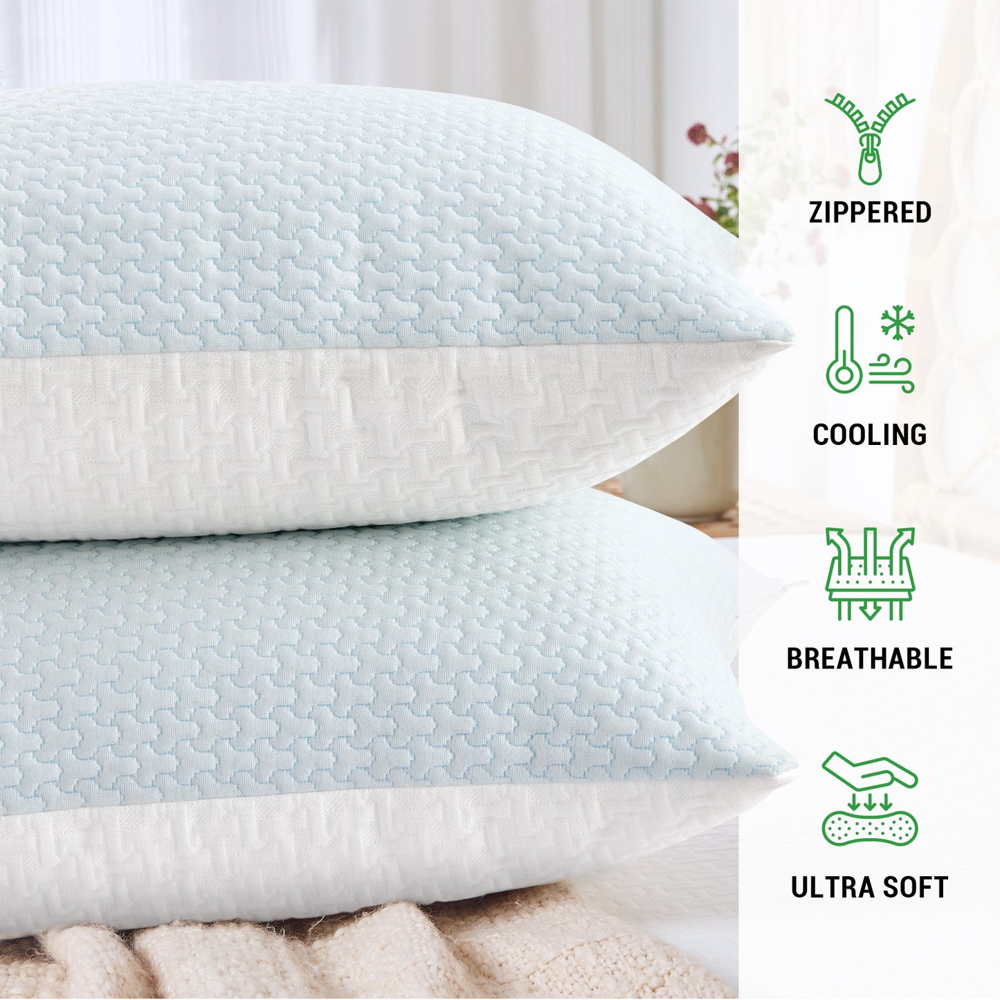 GOGREEN Bamboo 3D Air / Cooling 3D Air Fabric Waterproof Pillow Protector, Breathable Pillow Cover, Cooling Pillow Case Protector with Zipper (2 Packs, White)