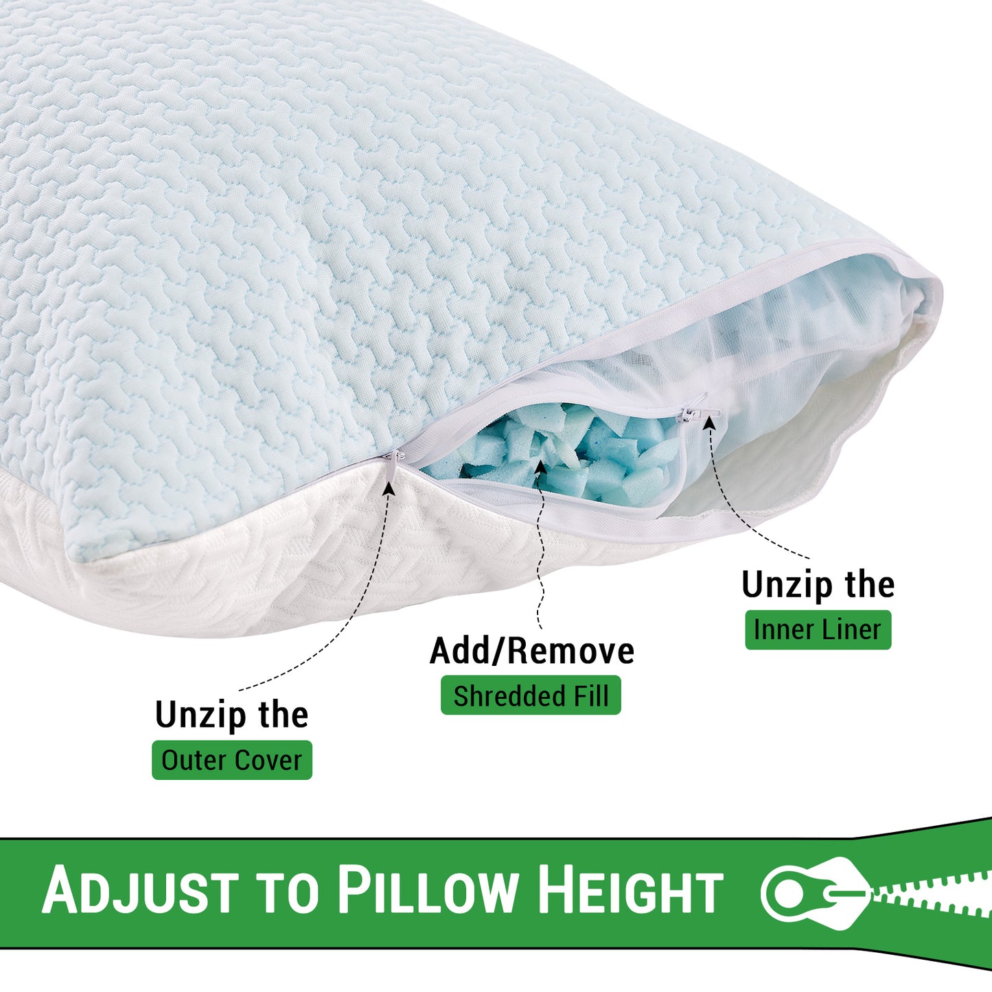 GOGREEN Cooling Shredded Memory Foam Bed Pillows, Adjustable Pillow with Washable Removable Cover for Side Back Stomach Sleepers