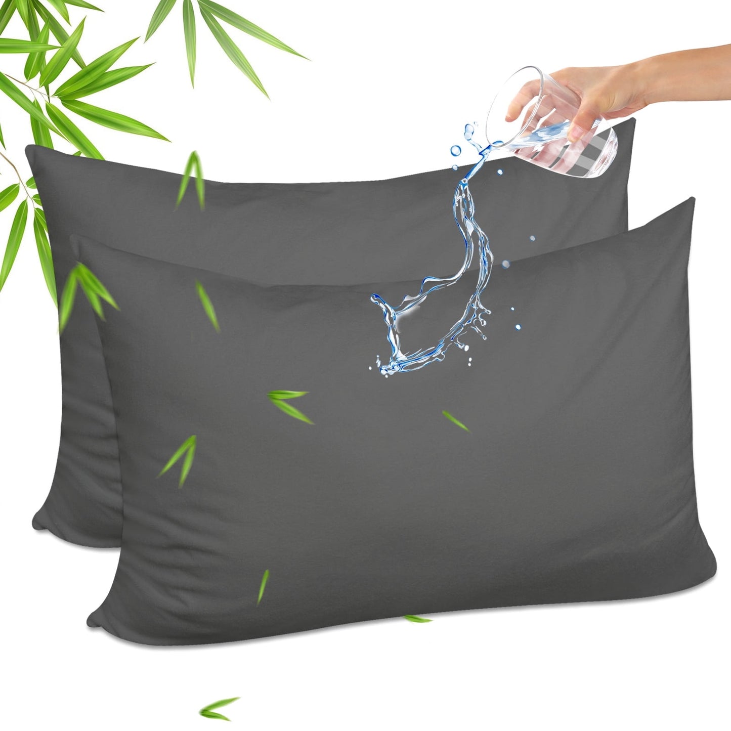 GOGREEN Bamboo Waterproof Pillow Protector, Breathable Pillow Cover, Cooling Pillow Case Protector with Zipper, Super Soft Terry Pillow Case Cover with Zipper (2 Packs, Queen 20x30, Dark Grey)