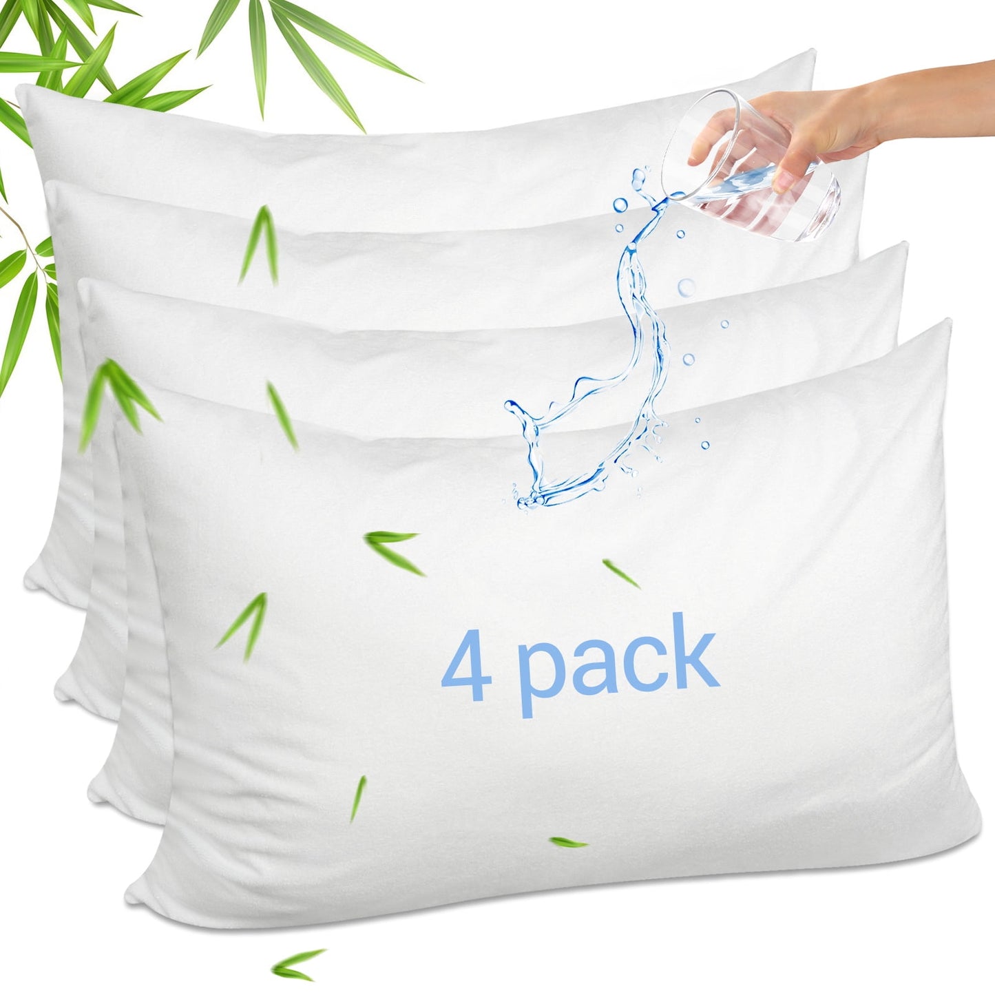 GOGREEN Bamboo Waterproof Pillow Protector, Breathable Pillow Cover, Cooling Pillow Case Protector with Zipper, Super Soft Terry Pillow Case Cover with Zipper (4 Packs, Standard 20x26, White)