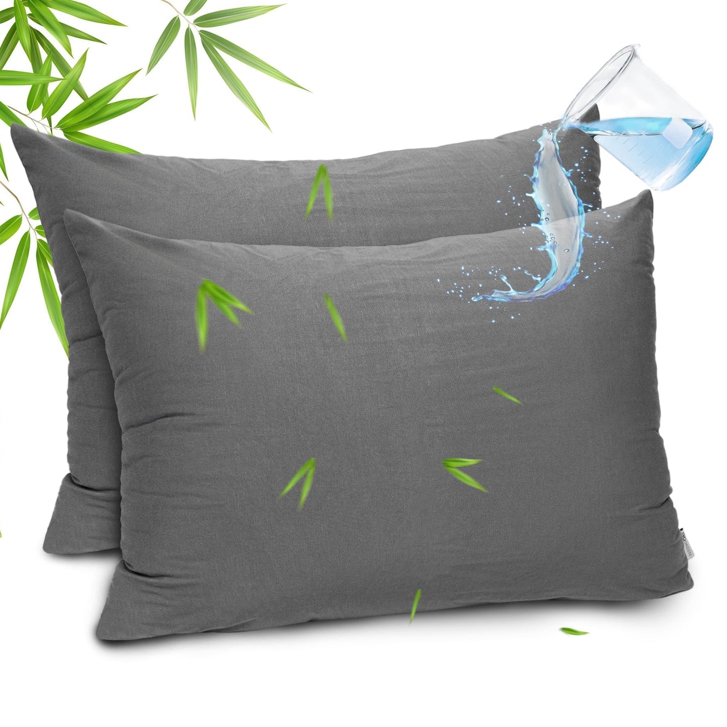 GOGREEN Waterproof Pillow Protector with Zipper King Pillow Protectors Cooling Bamboo Pillow Case Covers, Bed Bug Pillow Cover, Zippered Plastic Pillow Case Protector (2 Packs, Gray)