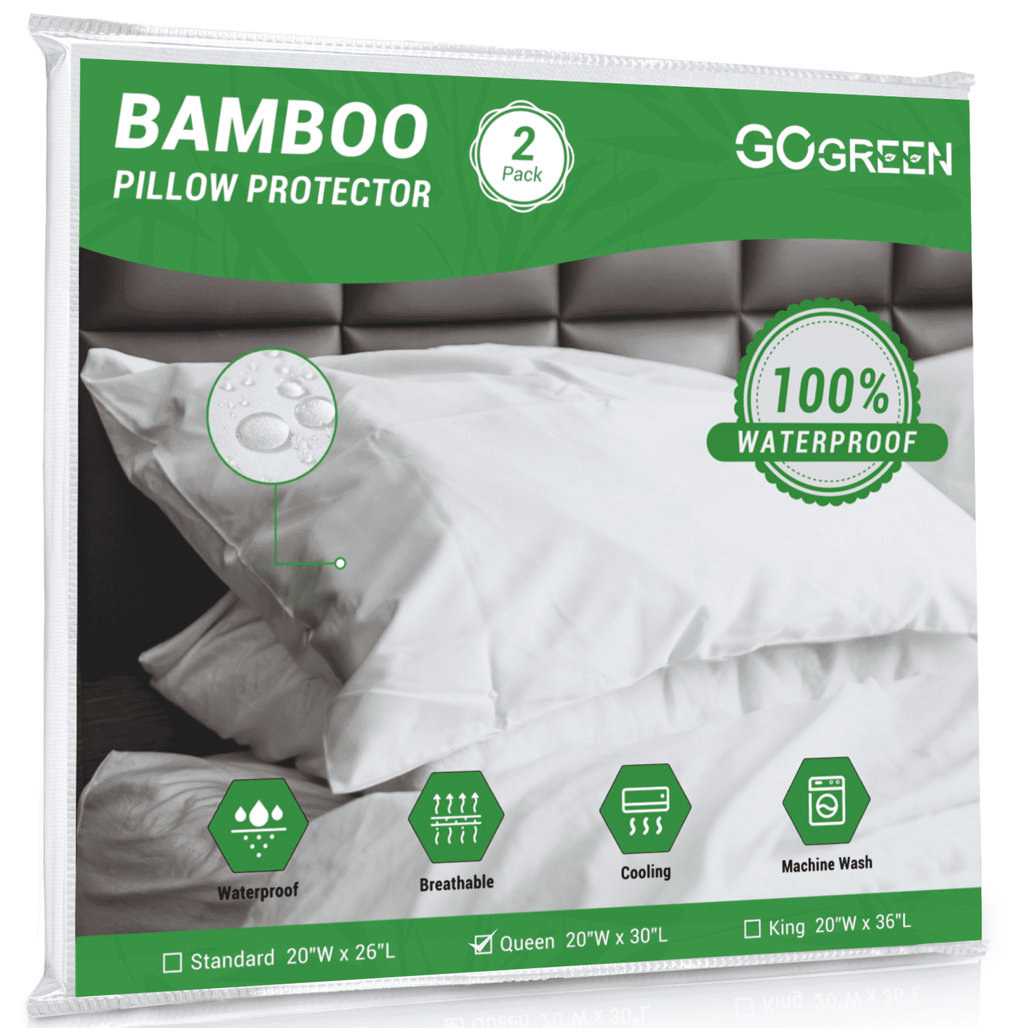 GOGREEN Waterproof Pillow Protectors with Zipper, Cooling Bamboo Queen Size Bed Pillow Case Covers, Bed Bug Pillow Cover, Zippered Plastic Pillowcase (2 Packs, Queen 20x30 )
