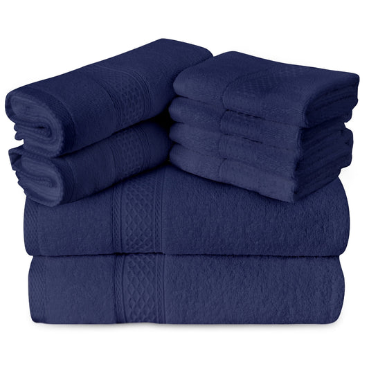 Gogreen 100% Cotton Bath Towel Sets of 8 Pieces, 2 Bath Towels 2 Hand Towels 4 Washcloths, Highly Absorbent Towels for Bathroom, Gym, Hotel (Dark Blue)