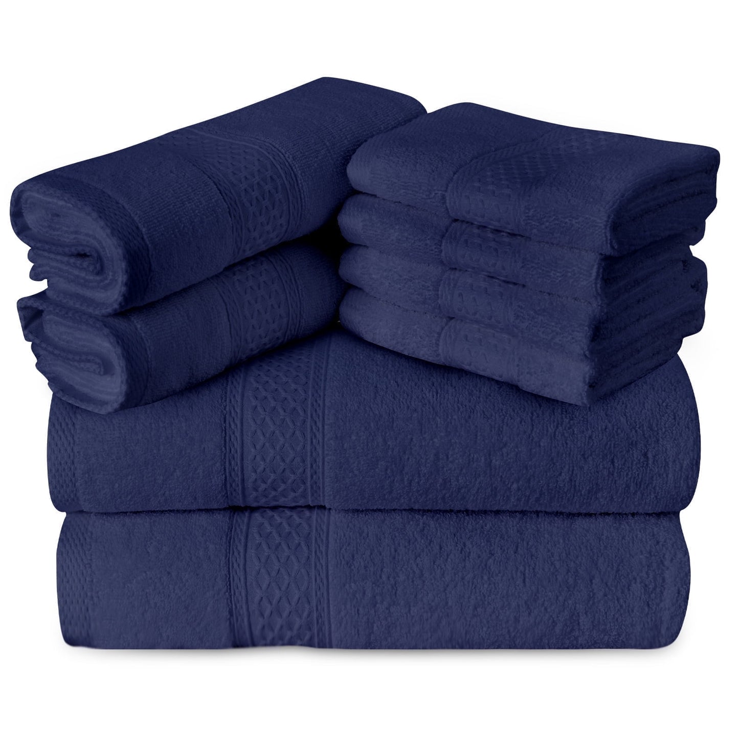 Gogreen 100% Cotton Bath Towel Sets of 8 Pieces, 2 Bath Towels 2 Hand Towels 4 Washcloths, Highly Absorbent Towels for Bathroom, Gym, Hotel (Dark Blue)