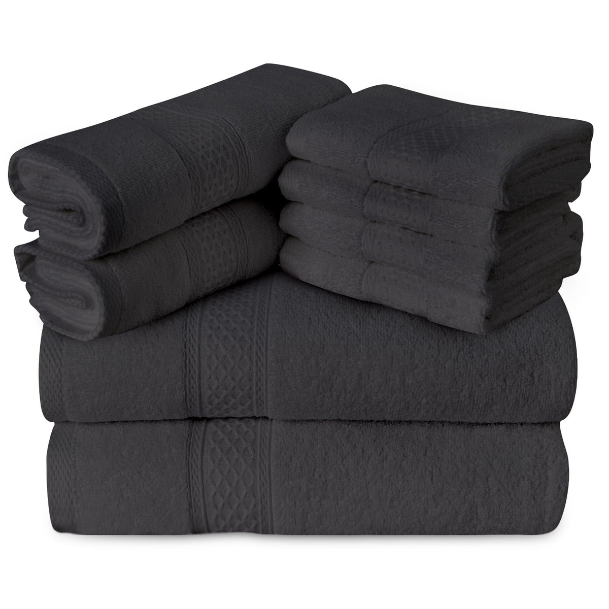 Gogreen 100% Cotton Bath Towel Sets of 8 Pieces, 2 Bath Towels 2 Hand Towels 4 Washcloths, Highly Absorbent Towels for Bathroom, Gym, Hotel (Dark Gray)