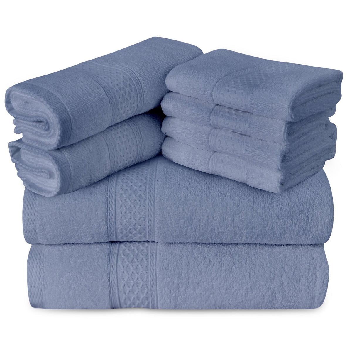 Gogreen 100% Cotton Bath Towel Sets of 8 Pieces, 2 Bath Towels 2 Hand Towels 4 Washcloths, Highly Absorbent Towels for Bathroom, Gym, Hotel (Blue)