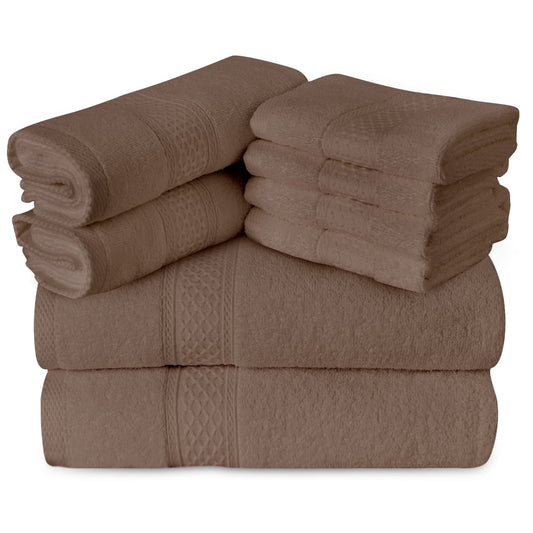 Gogreen 100% Cotton Bath Towel Sets of 8 Pieces, 2 Bath Towels 2 Hand Towels 4 Washcloths, Highly Absorbent Towels for Bathroom, Gym, Hotel (Brown)