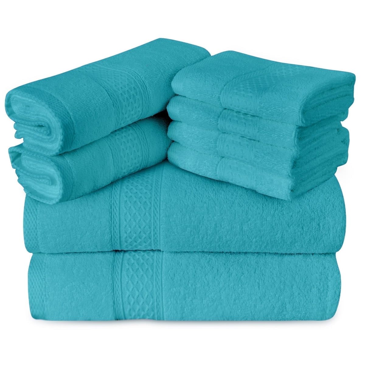 Gogreen 100% Cotton Bath Towel Sets of 8 Pieces, 2 Bath Towels 2 Hand Towels 4 Washcloths, Highly Absorbent Towels for Bathroom, Gym, Hotel (Teal)