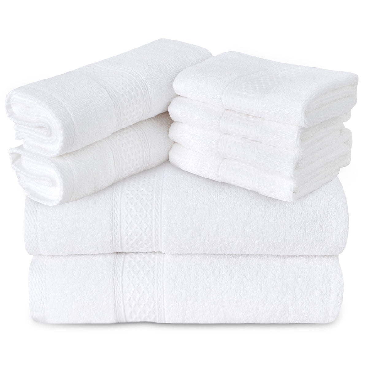 Gogreen 100% Cotton Bath Towel Sets of 8 Pieces, 2 Bath Towels 2 Hand Towels 4 Washcloths, Highly Absorbent Towels for Bathroom, Gym, Hotel (White)
