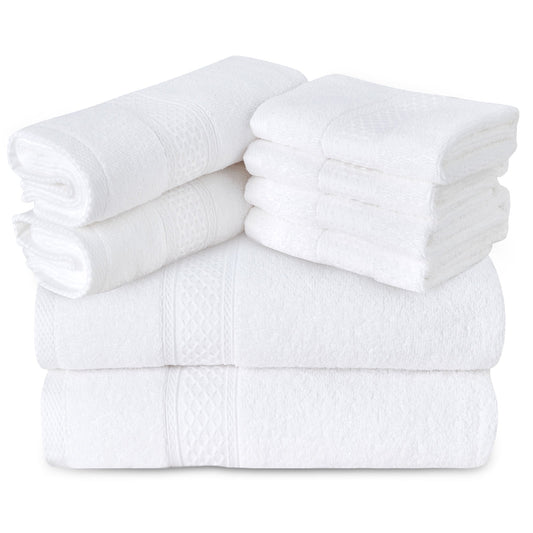 Gogreen 100% Cotton Bath Towel Sets of 8 Pieces, 2 Bath Towels 2 Hand Towels 4 Washcloths, Highly Absorbent Towels for Bathroom, Gym, Hotel (White)