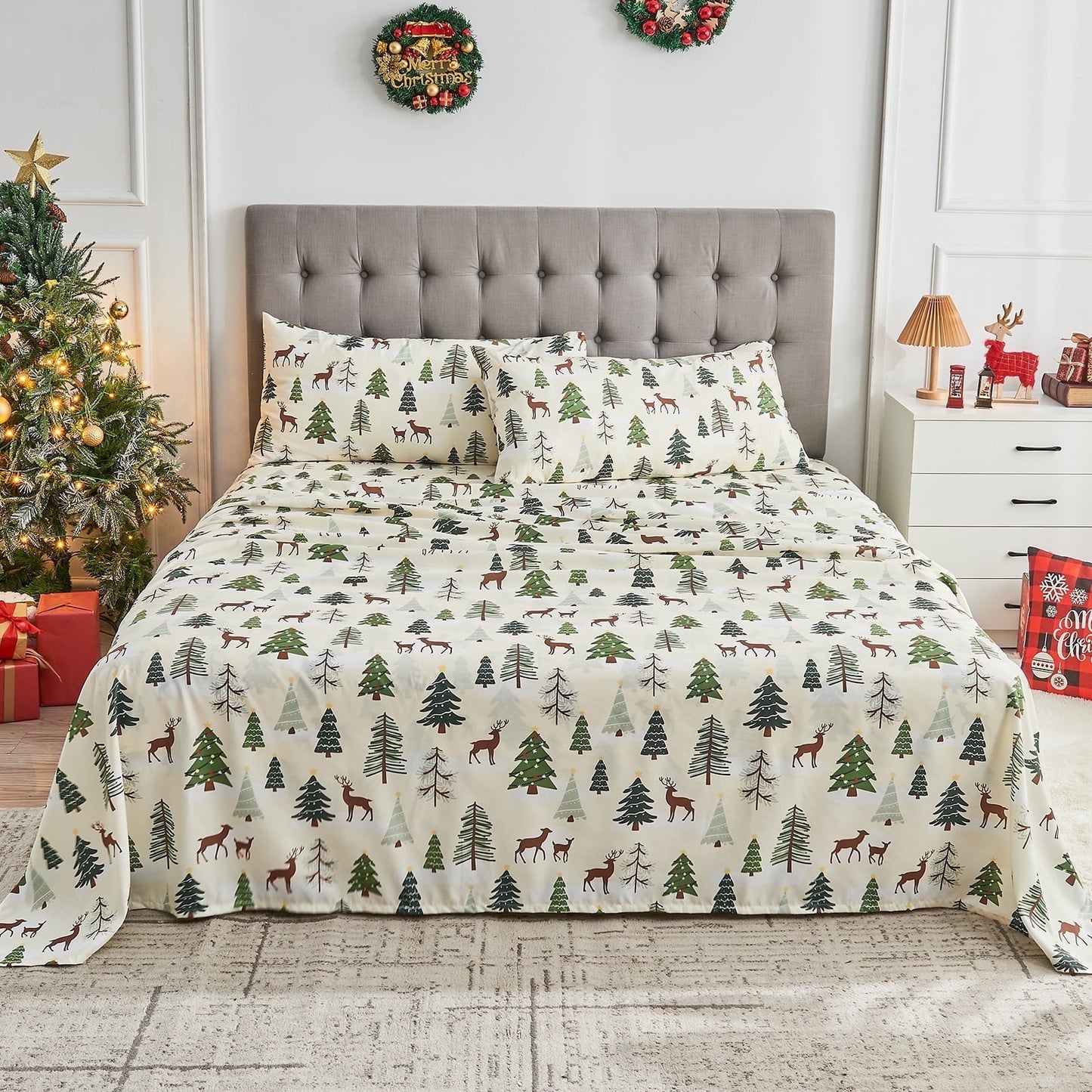 Gogreen 3PC Deep Pocket Twin Sheet Set Fit 15, Breathable Microfiber Super Soft Twin Size Sheet Set, Luxury Hotel Style Home Decor Twin Bed Sheet Set, Gift for Women, Men - Christmas Deer