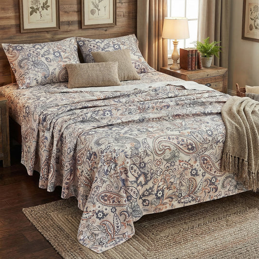 ogreen 4-Piece Paisley Printed Queen Size Deep Pocket Fitted Sheet Set Breathable Microfiber Bedsheet