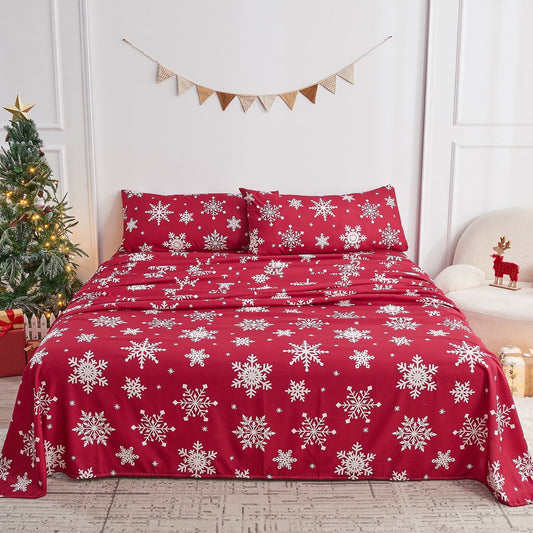Gogreen 4PC Deep Pocket Cal King Sheet Set Fit 14, Breathable Microfiber Soft Cal King Size Sheet Set, Luxury Hotel Style Home Decor Cal King Bed Sheet Set, Gift for Women, Men - Christmas Snowflake
