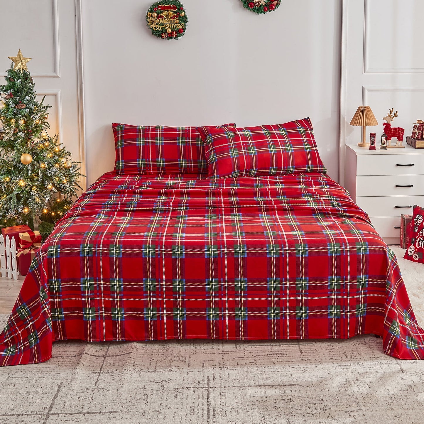 Gogreen 4PC Deep Pocket Cal King Sheet Set Fit 14, Breathable Microfiber Super Soft Cal King Size Sheet Set, Luxury Hotel Style Home Decor Cal King Bed Sheet Set, Gift for Women, Men - Red Plaid