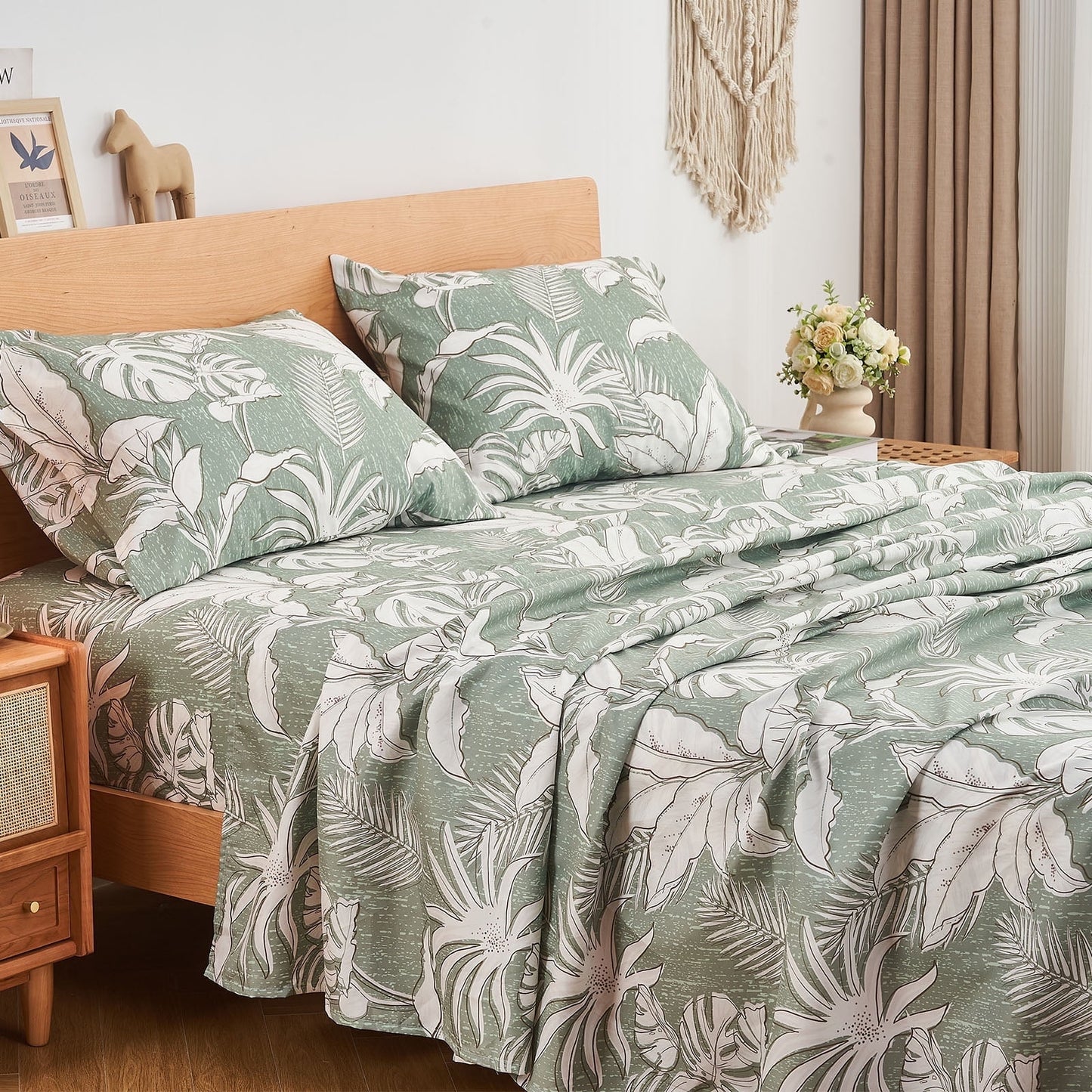 Gogreen 4PC Deep Pocket Cal King Sheet Set Fit 15, Breathable Microfiber Super Soft Cal King Size Sheet Set, Luxury Hotel Style Home Decor Cal King Bed Sheet Set, Gift for Women, Men - Green Leaves