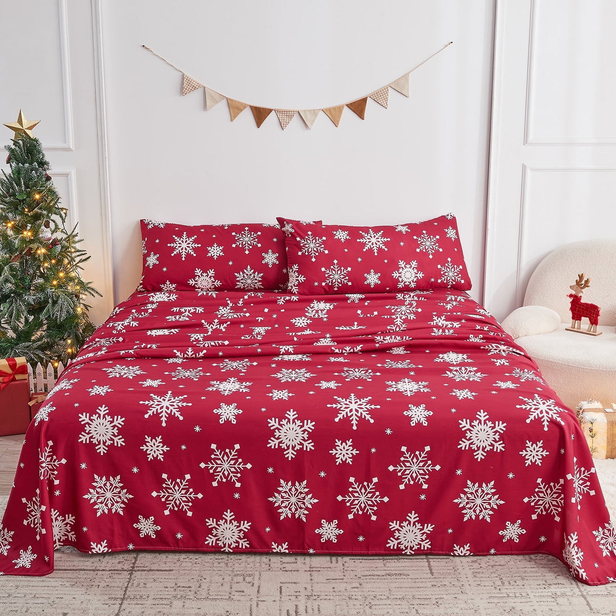 Gogreen 4PC Deep Pocket Full Sheet Set Fit 15, Breathable Microfiber Super Soft Full Size Sheet Set, Luxury Hotel Style Home Decor Full Bed Sheet Set, Gift for Women, Men - Christmas Snowflake