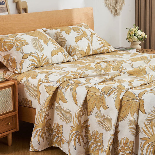Gogreen 4PC Deep Pocket King Sheet Set Fit 14, Breathable Microfiber Super Soft King Size Sheet Set, Luxury Hotel Style Home Decor King Bed Sheet Set, Gift for Women, Men - Yellow Leaves