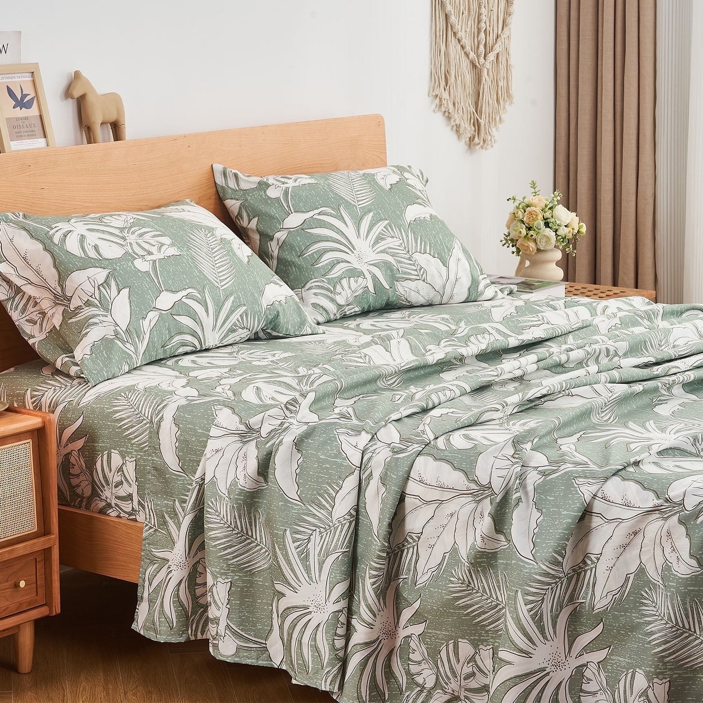 Gogreen 4PC Deep Pocket King Sheet Set Fit 16, Breathable Microfiber Super Soft King Size Sheet Set, Luxury Hotel Style Home Decor King Bed Sheet Set, Gift for Women, Men - Green Leaves