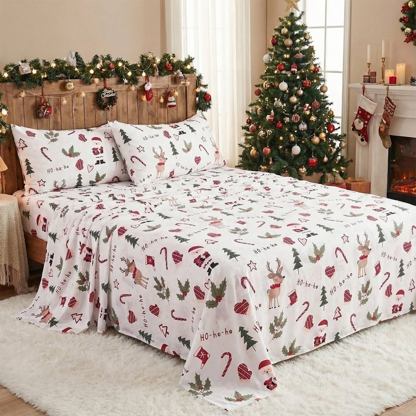 Gogreen 4PC Deep Pocket Christmas Sheets King Sheet Set Fit 16, Breathable Microfiber Soft King Size Sheet Set, Christmas Decorations for Bedroom, Christmas Gift - Santa Claus Deer Pattern