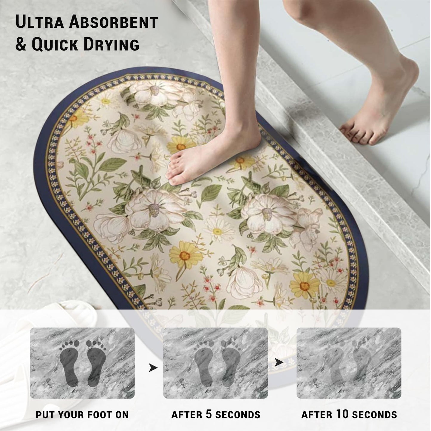 Gogreen Bath Mat - Bathroom Mat Rug Non Slip Super Absorbent Stain Resistant Quick Dry Thin Bathroom Rug-Bath Mats for Bathroom Floor Bathtub Vanity-Bathmat Bath Rug Easy Care (White Flower, 16x24)