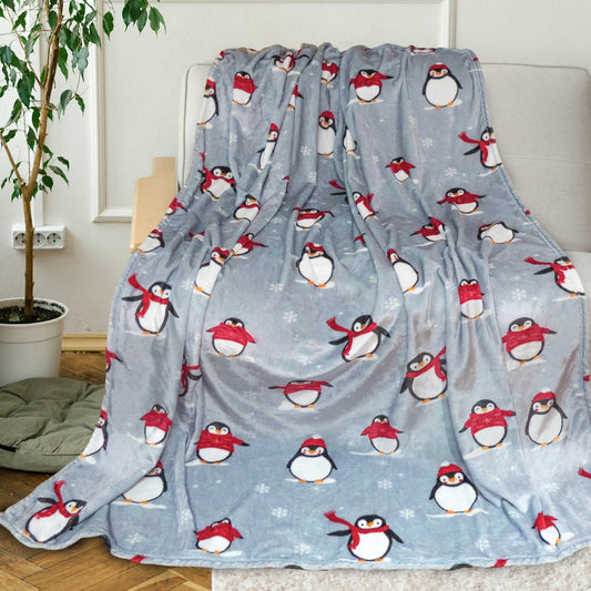 Gogreen Christmas Fleece Throw Blankets for Couch & Bed - Lightweight Plush Cozy Fuzzy Soft Blankets and Throws for Sofa, Christmas Penguin, 108x90 Inches