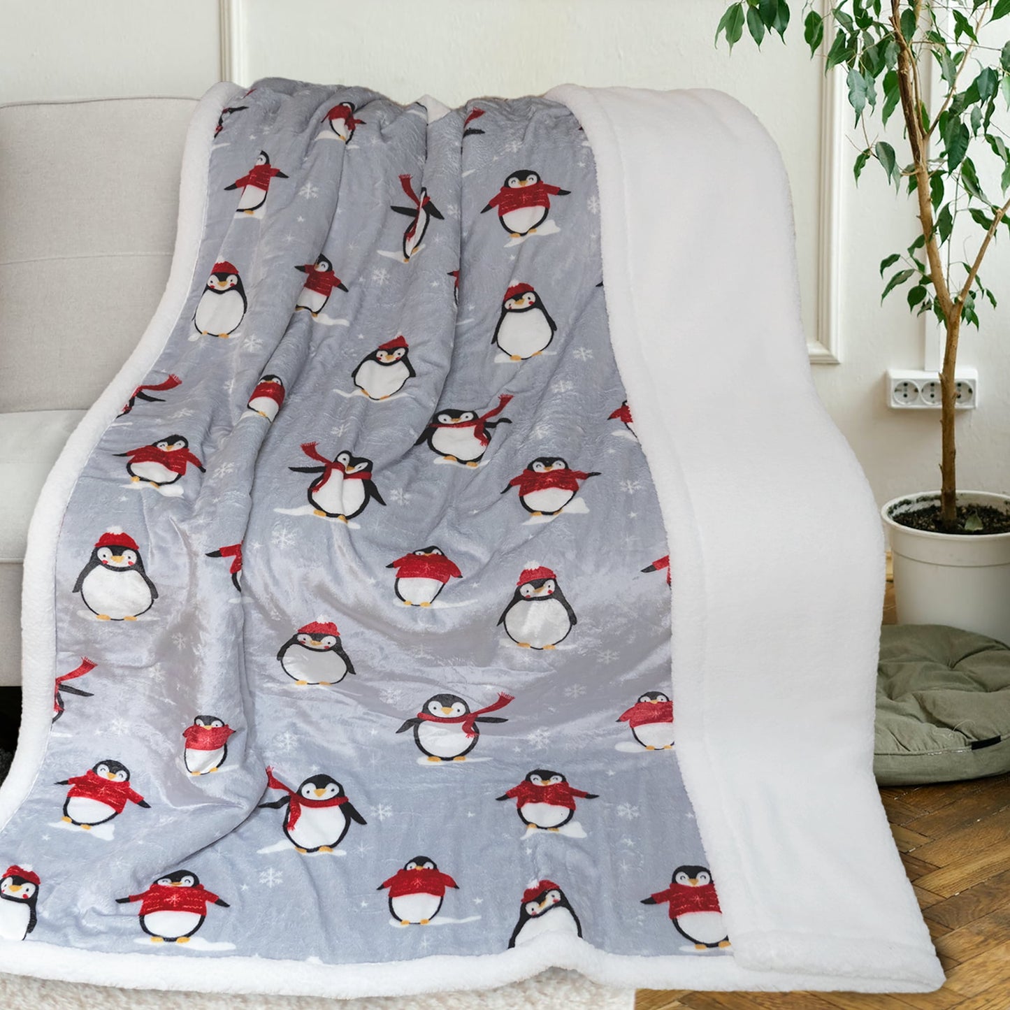 Gogreen Christmas Sherpa Fleece Throw Blanket for Couch Bed Sofa Adults -Soft and Warm Blanket for Winter, Thick and Fuzzy Throw Blanket, Christmas Penguin,108x90 Inches