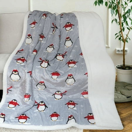 Gogreen Christmas Sherpa Fleece Throw Blanket for Couch Bed Sofa Adults -Soft and Warm Blanket for Winter, Thick and Fuzzy Throw Blanket, Christmas Penguin,60x80 Inches