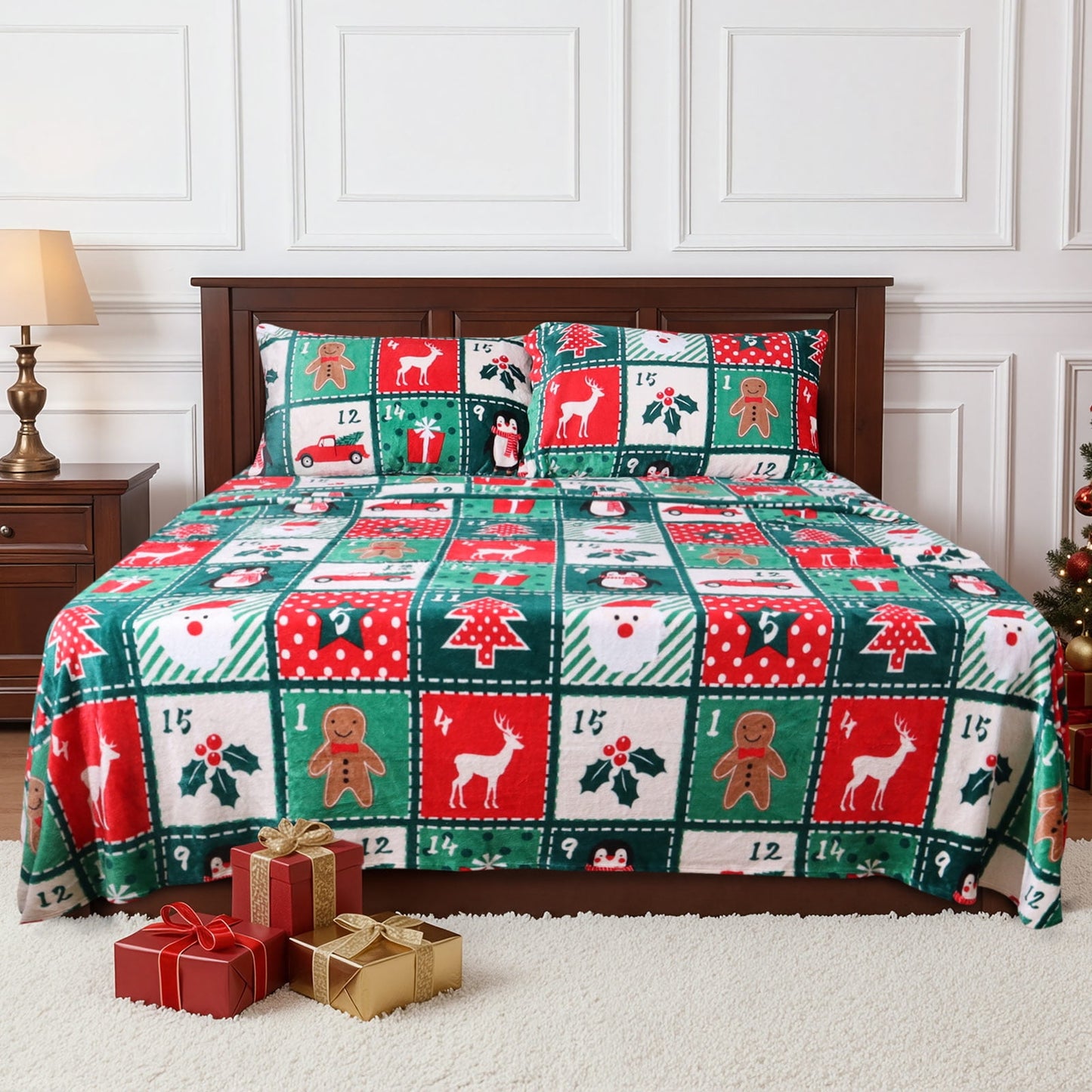 Gogreen Flannel Sheet Set Christmas Printed 4PC Deep Pocket Full Sheet Set Fit 16, Breathable Super Soft Full Size Sheet Set, Luxury Hotel Style Home Decor Full Bed Sheet Set, Gift for Women, Men